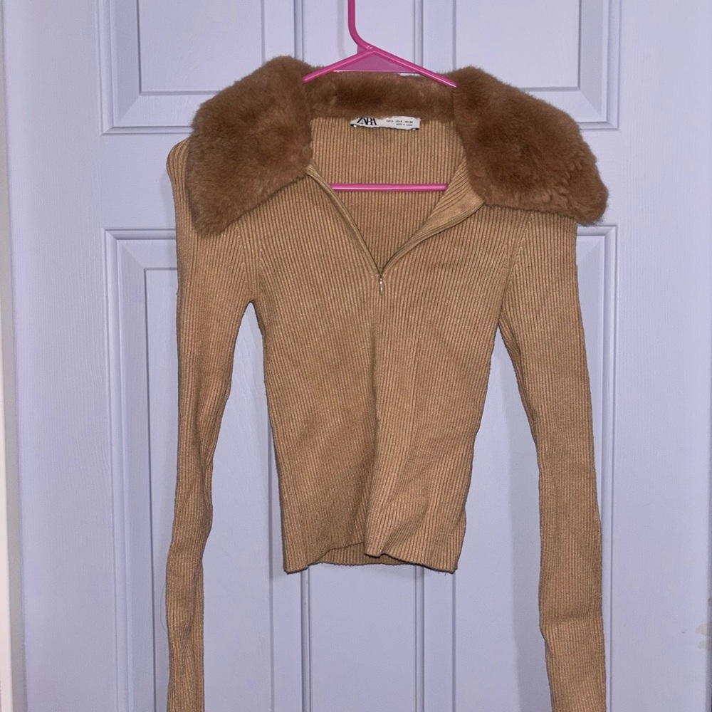 Zara Camel Ribbed Jacket with Faux Fur Collar
